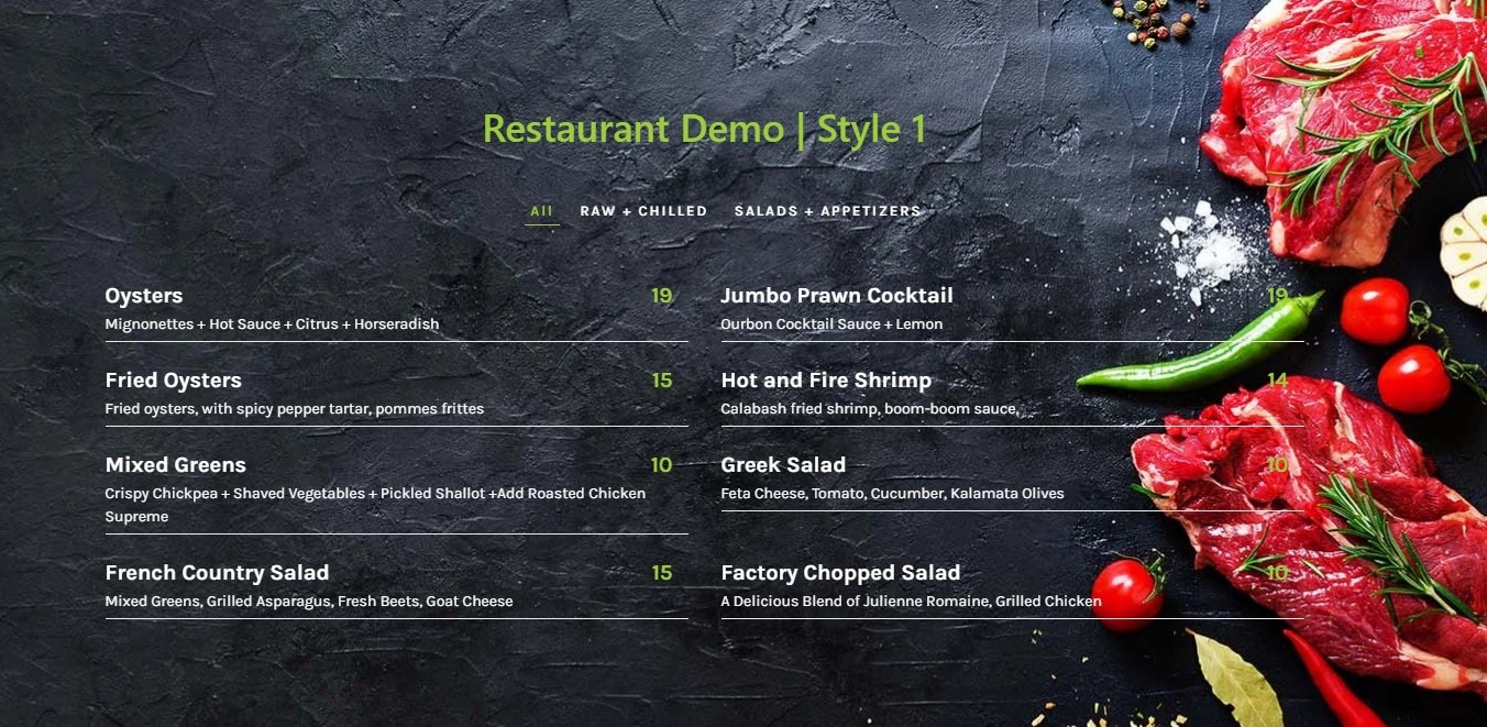 stylish price list restaurant demo