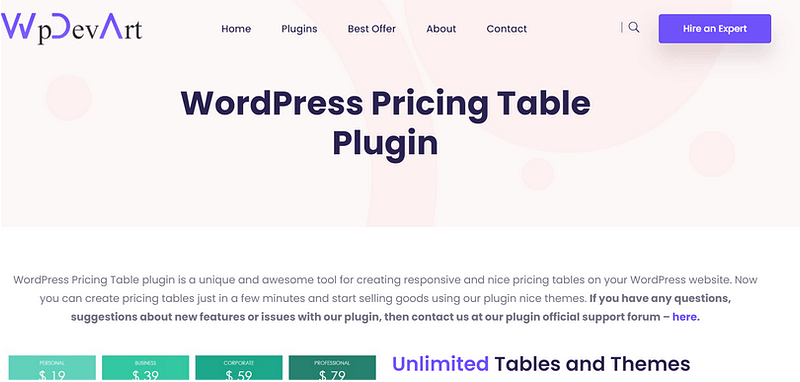 pricing table